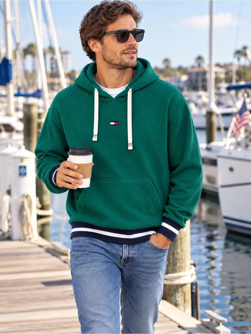 Tommy Hilfiger Green Men's Pull Over Top/Sweatshirt/Hoodie Large EUC Preppy